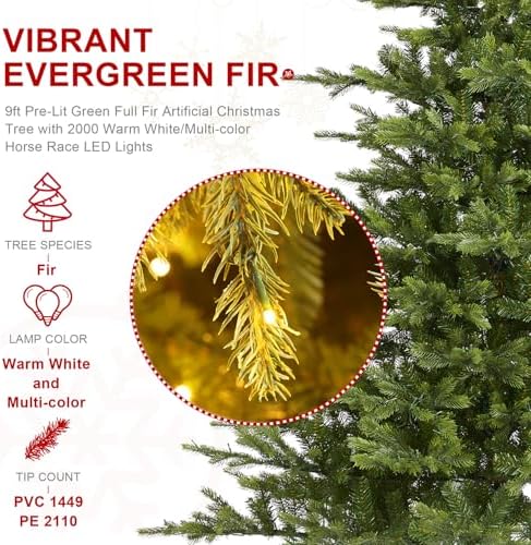 Glitzhome Artificial Christmas Tree, 9ft Vibrant Evergreen Fir Christmas Trees Prelit with 2,000 Warm White/Multi-Color Lights, 9 Function w/Foot Pedal and Remote Control, Easy Assembly