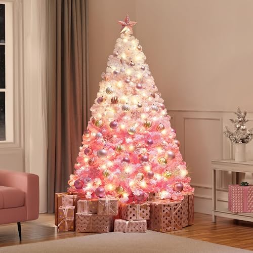 Yaheetech 6ft Prelit Flocked Christmas Tree, Pink & White, 250 Lights