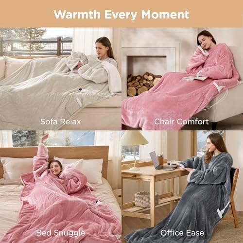 Bedsure Wearable Heated Blanket with Foot Pocket & Sleeves, 50x71+18", Pink