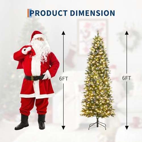 6ft Snow Flocked Artificial Pencil Christmas Tree, Unlit Slim Xmas Tree with Pine Cones, PVC Branch Tips Metal Stand, for Indoor Holiday Home/Office Decor