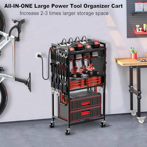 JUNNUJ Power Tool Organizer Cart with Charging Station, 10 FT Cord, Black