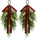 nuvagiki Christmas Teardrop Swag Decorations, 24'' Christmas Teardrop Wreath Artificial Pine Needle Berries Hanging Decor, Red Velvet Bow Swag Decorations for Front Door Mantle Wall Indoor Home Decor