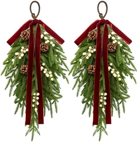 nuvagiki Christmas Teardrop Swag Decorations, 24'' Christmas Teardrop Wreath Artificial Pine Needle Berries Hanging Decor, Red Velvet Bow Swag Decorations for Front Door Mantle Wall Indoor Home Decor