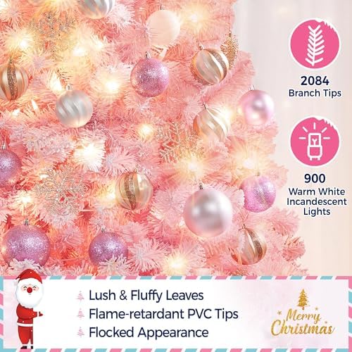 Yaheetech 9ft Prelit Flocked Christmas Tree, Pink & White, 900 Lights