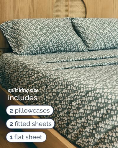 Split King 5 Piece Floral Sheet Set - Breathable & Cooling - Green Meadow
