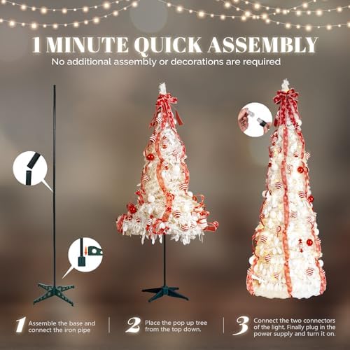 VINGLI 6ft Pop up Artificial Christmas Pine Tree with 100 Warm White Lights, Xmas Tree Holiday Party Decorations with Sturdy Metal Stand (Red&White)