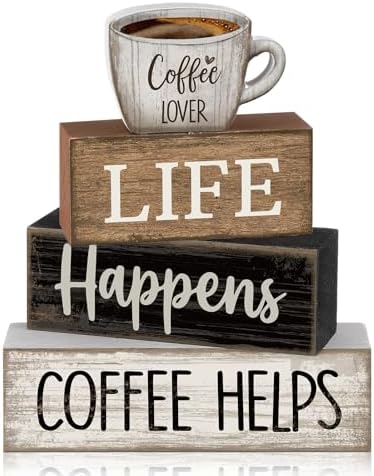 Moucuny 4 Pcs Wooden Coffee Bar Signs Farmhouse Table Decor Blocks