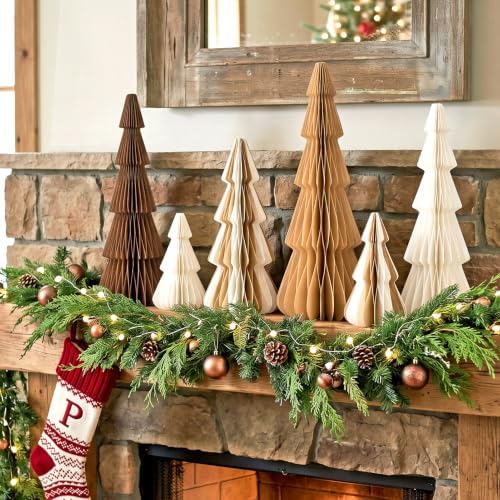 SUNBEAUTY Paper Christmas Trees,Neutral Christmas Honeycomb Tree Centerpiece，3D Modern Table Decoration for Xmas Holiday Party,New Year（Brown