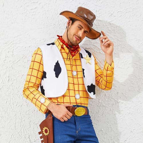 Cowboy Sheriff Costume Men's Plaid Button Down Shirt with Vest Bandana Star Badge Halloween Sheriff Cosplay Outfits