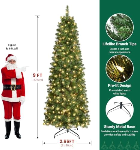 SHareconn Prelit Artificial Pencil Christmas Tree 9FT & Warm White Lights