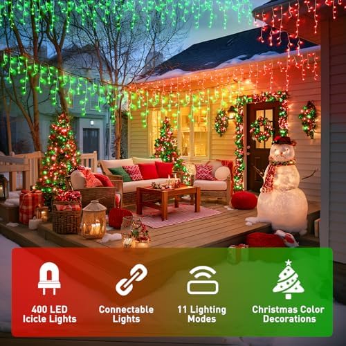 JMEXSUSS Color Changing Icicle Lights for Outside, 11 Modes 400 LED