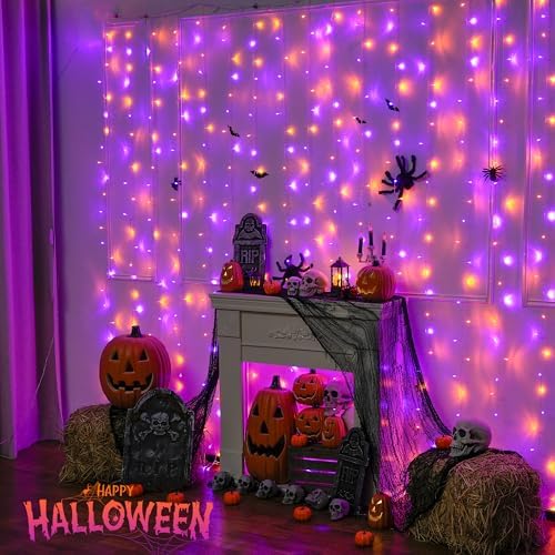 JMEXSUSS 300LED Halloween Curtain Lights, Orange and Purple, 9.8x9.8ft