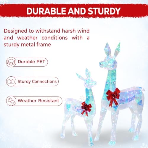 Hykolity 4 FT 3D Iridescent Prismatic Lighted Deer Family Set, 3-Piece Outdoor Christmas Reindeer Decorations with 180 Cool White LED Lights for Yard, Lawn and Porch