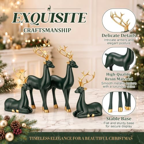 Thyle 4 Pcs Christmas Reindeer Decor Indoor Dark Green Resin Deer Figurine