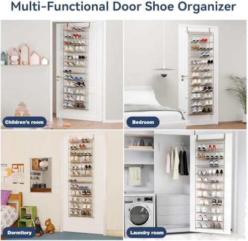 Whitmor 36 Pair Over the Door Shoe Rack,12 Tier Hanging Shoe Organizer with Metal Frame & Mesh Shelves, Heavy Duty Shoe Storage Holder for Door, No Drill Installation, 74" H x 21.7" W x 7.5" D, Oat