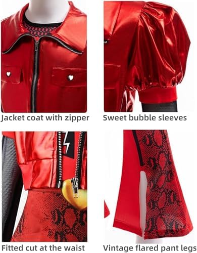 Girls Red Costume Set Jacket Shirt Flared Pants Wig Gloves 5pcs Outfit Halloween Christmas Party 3-14Y