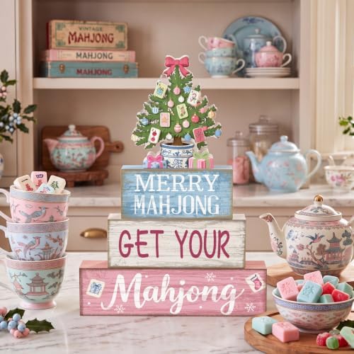 Moucuny 4 Pcs Christmas Mahjong Table Decor Merry Mahjong Wooden Signs