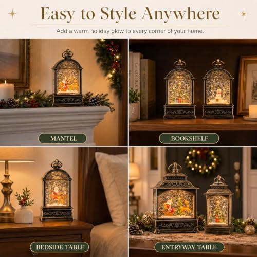 Christmas Snow Globe Lantern，Bronze‑Santa Sled & Reindeer