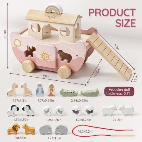 Joyreal Pink Wooden Noah's Ark Toy for 1 Year Old Baby Girl Baptism Gifts