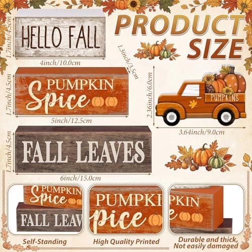 Moucuny 4 Pcs Fall Table Decor, Pumpkin Wood Block Sign Home Tray