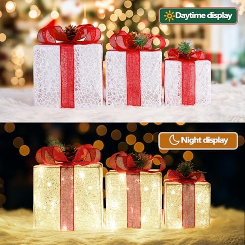 Set of 3 Lighted Boxes, White Lace Indoor Holiday Decor