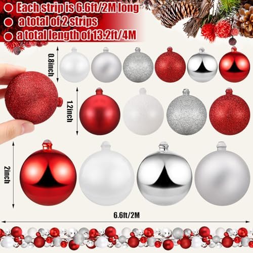2 Pcs 6 ft Christmas Ball Ornament Garland, Red, White, Silver