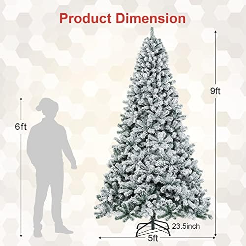 COSTWAY 9 FT Flocked Christmas Tree, Unlit Hinged Xmas Tree with 1498 Snowy Branch Tips & Metal Stand, Artificial Christmas Tree for Home Office Party Decoration, Green & White