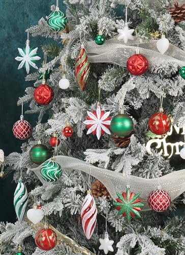 82Pcs Red and Green Christmas Tree Ornaments Set, Shatterproof Christmas Decorations for Tree Assorted Plastic Craft Baubles Snowflake Ball Ornaments for Holiday Party Decor (Red&Green&White)