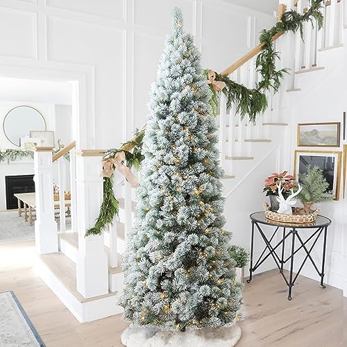 Glitzhome 9ft Prelit Christmas Tree, Flocked Pencil Artificial Christmas Tree with 500 Warm White Lights, Pine Christmas Trees w/Foldable Metal Stand for Home, Office, Party Decoration, Easy Assembly