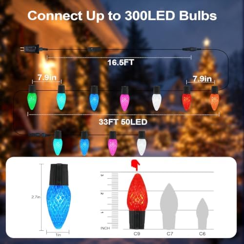 Gemce Smart C9 Christmas Outdoor Lights, 33FT 50 LEDs RGB String Lights, APP/Remote Control, DIY Modes & Music Sync, Color Changing Holiday Lights for Xmas Tree, House, Party Decoration