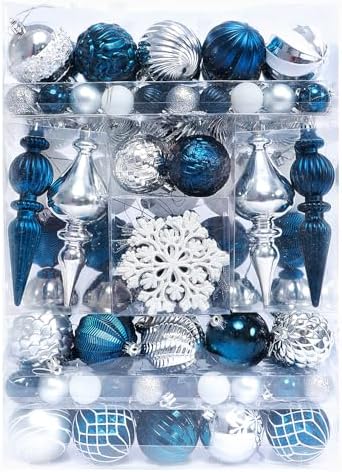 HipTree 116ct 1.18-6.5"Silver Blue Christmas Tree Ornaments Decorations Set