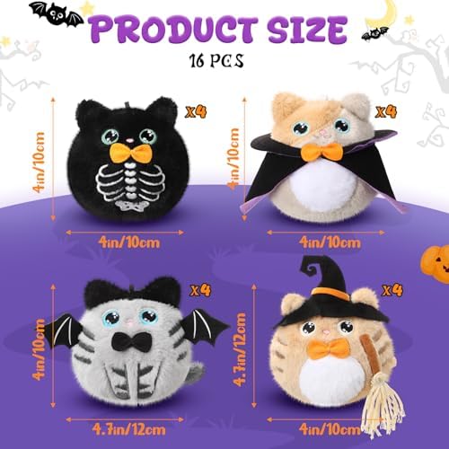 Soulchen 16 Pcs 4 Inch Halloween Stuffed Animal Plush Cat Keychain Bulk