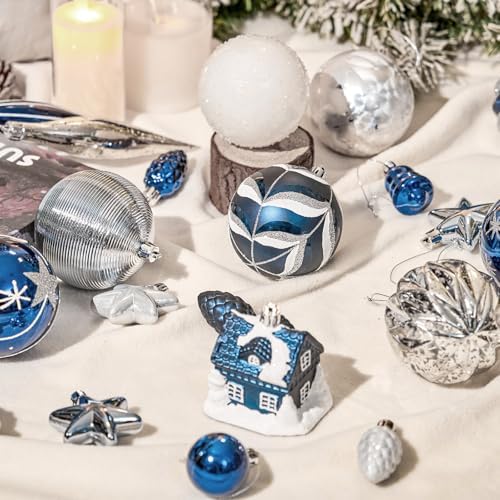 JORNOY 106Pcs Christmas Ornaments Bulk, Shatterproof Plastic Hanging Balls Bulbs Assorted Decor for Tree Decorations Home Holiday Party with Lanyard, Silver & Blue