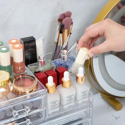 Acrylic Small Makeup Organizer with Drawers,Clear Skincare Organizer for Vanity,Dresser,Bathroom Countertop,Cute Cosmetic Organizer for Lip Gloss,Makeup Brush,Beauty,Skin Care and Cosmetic Storage