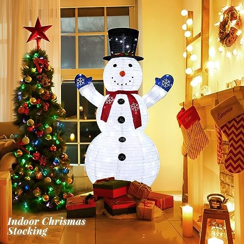 VINGLI 6FT Lighted Pop Up Snowman Christmas Decorations, 200 LED Warm White Lights with 20 Flashing Bulbs, Telescopic Snowflake Snowman for Outdoor Yard Lawn Porch, 30V Low Voltage Holiday Decor