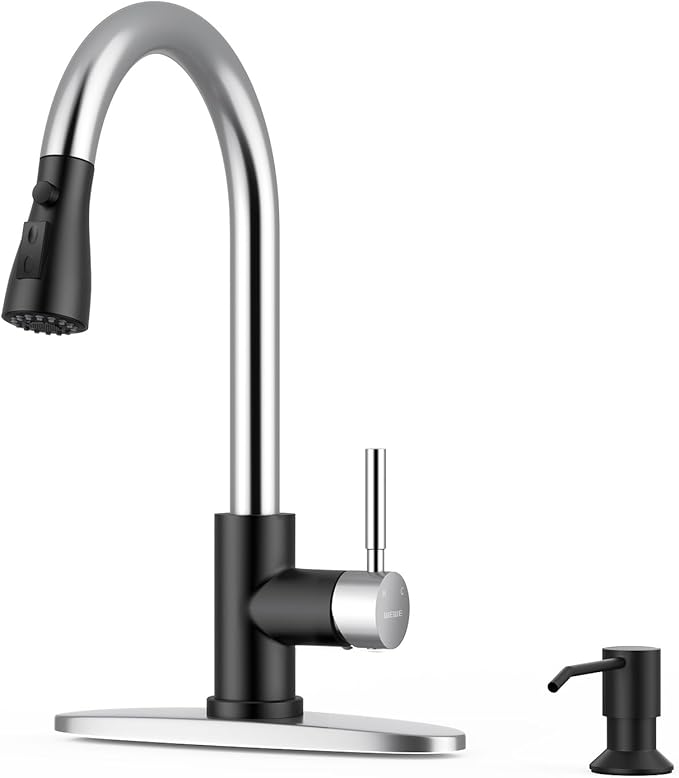 WEWE Kitchen Faucet with Soap Dispenser and Pull Down Sprayer, RV Single Handle Classic 3 Modes Stainless Steel Faucet for Kitchen Sink, RV, Black and Polished Chrome