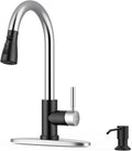 WEWE Kitchen Faucet with Soap Dispenser and Pull Down Sprayer, RV Single Handle Classic 3 Modes Stainless Steel Faucet for Kitchen Sink, RV, Black and Polished Chrome