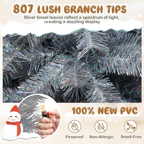 HAPPYGRILL 7 FT Pre-Lit Christmas Tree Silver Tinsel Artificial Xmas Tree with 807 Branch Tips, 400 Warm White LED Lights, Upgraded Metal Stand, Hinged Decoration Tree, Festive Celebration Tree