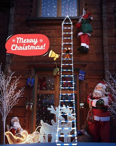 Toodour LED Christmas Lights - 10ft Christmas Decorative Ladder Lights with Santa Claus, Xmas Decorations Light for Indoor Outdoor, Window, Garden, Home, Wall, Xmas Tree Decor - White & Blue