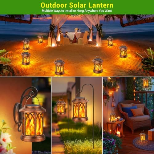 KOOPER Hanging Solar Lights Lantern Outdoor, 2 Pack Flickering Flames Solar Outdoor Lights, Solar Lanterns Outdoor Waterproof with Bigger Panel, Lanterns Decorative Outdoor for Garden Decor (Copper)