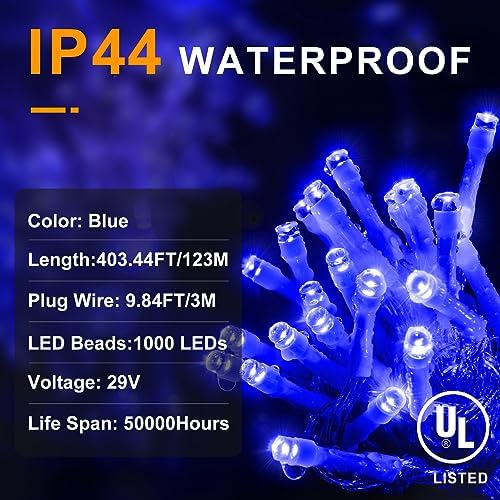 KNONEW 403ft 1000 LED String Lights Outdoor Christmas Light 8 Modes & Timer Fairy Lighting Plug in Waterproof for Xmas Yard Tree Wedding Party Holiday Decorations (Blue)