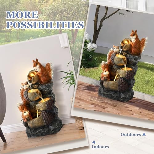 Grepatio Outdoor 4-Tiers Cascading Water Fountain, Waterfall Fountain with 4 LED Lights, Outdoor Fountains and Waterfalls for Garden or Patio, Yard, Deck, Decor with 3 Squirrel Look