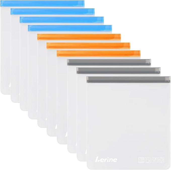 Lerine 10 Pack Reusable 2 Gallon Freezer Bags Dishwasher Safe | 13"x15.6" Large Capacity, BPA-Free, Food-Grade Material, Freezer Safe, Leakproof, Double-Seal, for Marinate Meats, Vegetables