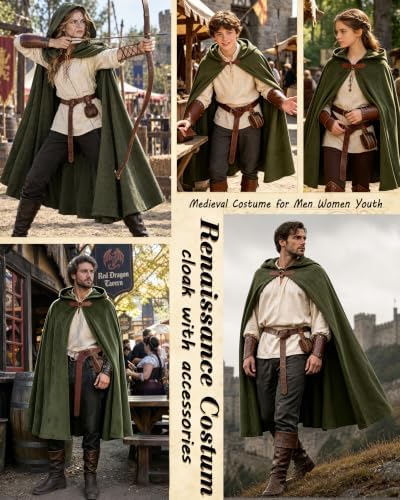 kasahara Renaissance Hooded Cloak Medieval Costume Accessories for Men Women Halloween Costume Cape Belt Pouch Bracers
