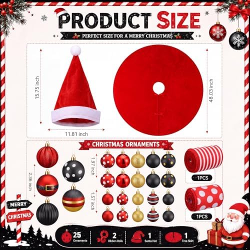 Sosation 29 Pcs Red Black Retro Cartoon Christmas Tree Decor Complete Set