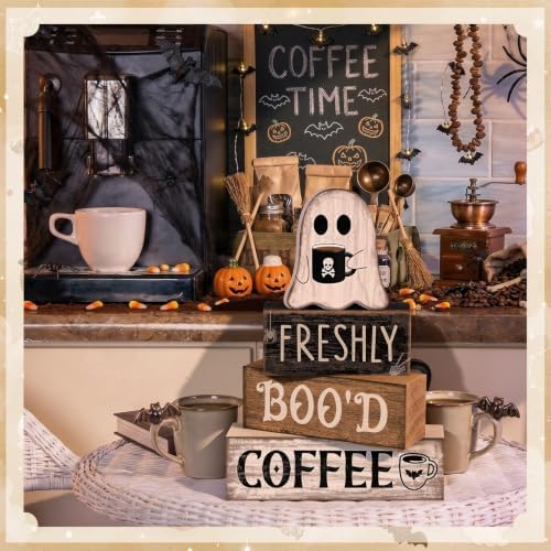 Moucuny 4 Pcs Halloween Coffee Table Decorations Ghost Stacked Wooden Decor