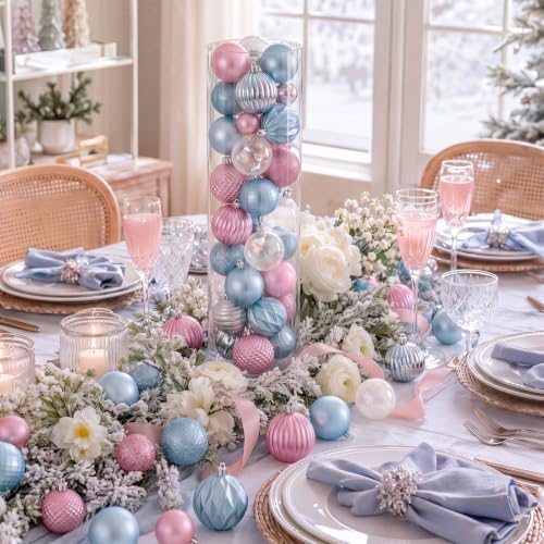 Lunmon 64 Pcs Pastel Christmas Ball Ornaments for Tree Pink Blue White Silver Xmas Bulbs Ornaments 1.6/1.97/2.4 Inch Macaron Candyland Baubles Shatterproof Christmas Decorations for Tree Home Wreath
