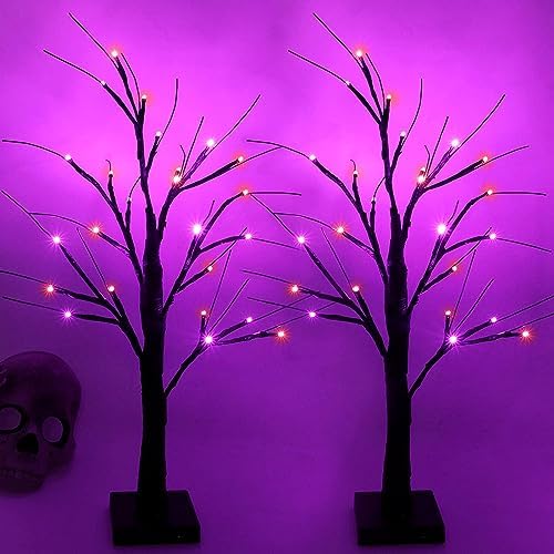 Halloween Decorations Indoor, 2 Pack 2FT Lighted Black Tree with Timer