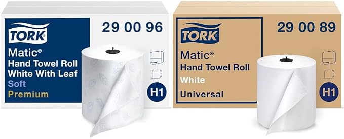 Tork Matic Soft Hand Towel Roll & Matic Paper Hand Towel Roll White H1, Universal, 100% Recycled Fiber, 6 Rolls x 700 ft, 290089