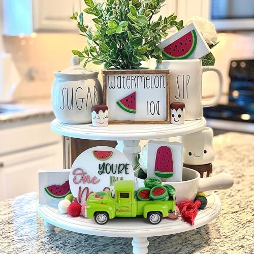 Watermelon Truck Decor, Vintage Green Pickup Truck with Farm Fresh Watermelon, Summer Farmhouse Tiered Tray Decor, Rustic Kitchen Tabletop Decorations for Home Office